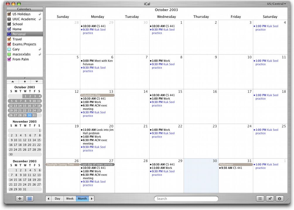 iCal displaying my October 2003 calendar